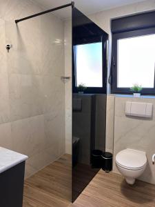 La salle de bains est pourvue de toilettes et d'une douche en verre. dans l'établissement Super SAN, à Posušje