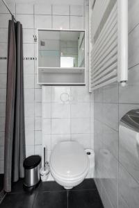 een witte badkamer met een toilet en een wastafel bij Vakantiehuisje aan de Kust - nr 33 in Egmond aan Zee
