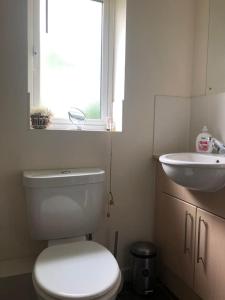 een badkamer met een wit toilet en een wastafel bij Close to Jurassic Coast 3 Bed modern house in Wool