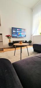 リュブリャナにあるApartment Tivoliのテレビとコーヒーテーブルのあるリビングルーム