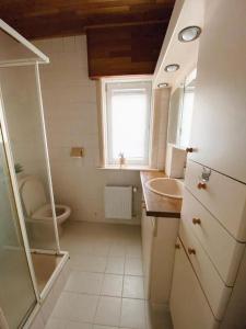 a bathroom with a sink and a toilet and a window at Big Sunset 3 Bedroom House with a Garden in Antwerp