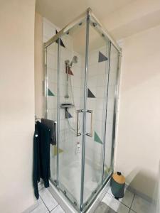 a shower stall with a glass door in a bathroom at Appartement au centre-ville avec cour in Langres