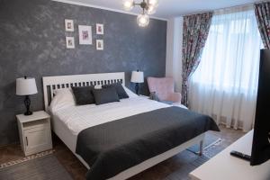 ピアトラ・ネアムツにあるUrban Oasisのベッドルーム1室(大型ベッド1台、ピンクの椅子付)