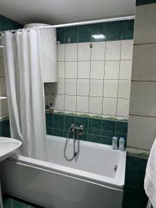 a bathroom with a bath tub with a shower curtain at Apartment Aria in Skopje