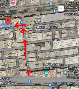 a map of the intersection of a street at orange hostel in Dubai