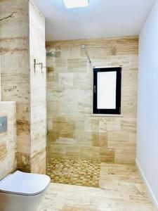 een badkamer met een douche, een toilet en een raam bij Stone House Sinaia in Sinaia
