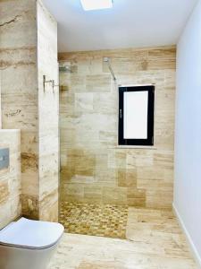 a bathroom with a shower with a toilet and a window at Stone House Sinaia in Sinaia +57 photos