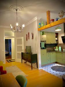 a kitchen with green cabinets and a table in a room at Altbauwohnung am Gutenbergplatz in Karlsruhe