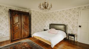 Schlafzimmer mit einem Bett und einem Kronleuchter in der Unterkunft Chateau de la Preuille Gites in Montaigu-Vendée
