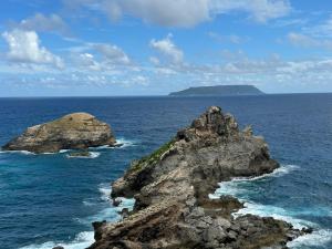 una formazione rocciosa nell'oceano con un'isola sullo sfondo di Studio piscine centre Gosier a Le Gosier