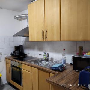 una cocina con fregadero y un estante de platos en la encimera en Ruhe-Nescht, en Vaihingen an der Enz