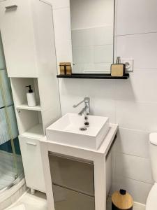 La salle de bains blanche est pourvue d'un lavabo et d'un miroir. dans l'établissement Le Florentin - Hyper centre, à Compiègne