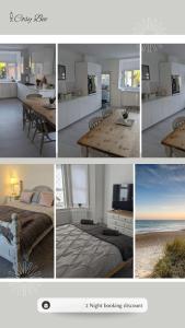 a collage of photos of a living room and a kitchen and a beach at Cosy Bee in Bournemouth