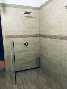 a bathroom with a shower with a tiled wall at b&b IL QUADRATO 19 in Nerviano
