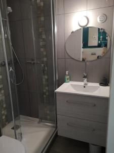 uma casa de banho com um chuveiro, um lavatório e um espelho. em Studio chaleureux à LANSLEVILLARD VAL CENIS 2 pers em Lanslevillard