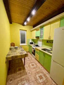 a kitchen with green cabinets and a sink and a refrigerator at Садиба Орхідея Шешори in Sheshory