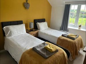 a hotel room with two beds and a window at Penrhosmawr in Machynlleth