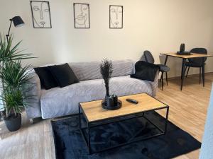 a living room with a couch and a table at Charming Homes - Studio 11 in Wolfsburg