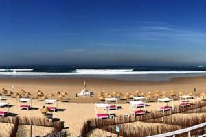 a sandy beach with many umbrellas and the ocean at Beach and Surf Lovers in Costa da Caparica