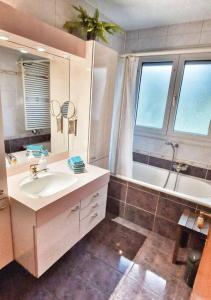 La salle de bains est pourvue d'un lavabo, d'une baignoire et d'une douche. dans l'établissement Maison du Jonc, Genève-Aéroport, à Genève