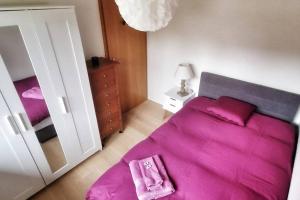 ein kleines Schlafzimmer mit einem rosa Bett und einem Spiegel in der Unterkunft Maison du Jonc, Genève-Aéroport in Genf