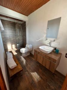 een badkamer met een wastafel, een toilet en een douche bij Hacienda San Pedro Claver Subachoque in Subachoque