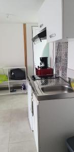 a kitchen with a sink and a stove top oven at Equipée 1 pièce proche Paris in Argenteuil
