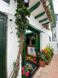 una floristería con una puerta verde y flores en Posada La Rioja, en Villa de Leyva