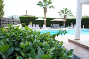 a pool with chairs and umbrellas in a resort at Villa Coral Cove in Peyia