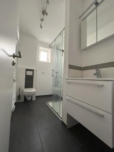 ライプツィヒにあるPATAMA Apartment Leipzig Nord, Halle, nähe BMW, Porsche, DHL, Schenker, Siemens, TAKRAF, Stankt Georg Klinikumのトイレとガラスのシャワー付きのバスルーム