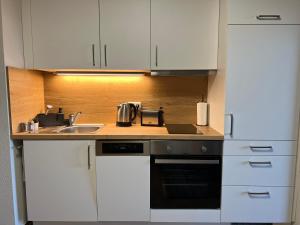 a kitchen with white cabinets and a sink at Charming Homes - Studio 25 in Wolfsburg