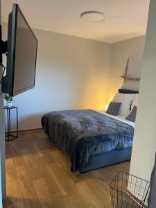 a bedroom with a bed and a flat screen tv at Charming Homes - Studio 25 in Wolfsburg