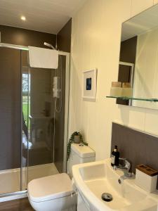 uma casa de banho com um lavatório, um WC e um chuveiro em South Black Hill em Penicuik
