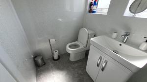 a white bathroom with a toilet and a sink at 89 Florida Park in Hemsby