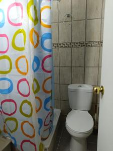 een badkamer met een toilet en een douchegordijn bij Hostal Ollague, habitaciones con baño privado in Calama