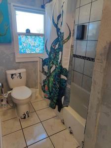 a bathroom with a toilet and a window at The vampire's den, downtown big house, pets ok in Fort Smith +25 photos