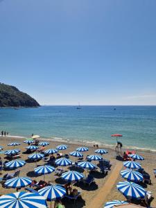 a beach with blue and white umbrellas and the ocean at Il Nido delle Rondini in Levanto