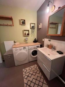ein Badezimmer mit einer Waschmaschine und einem Waschbecken in der Unterkunft Joli T2 - 4P Bien équipé - Palaiseau Massy Orly in Palaiseau