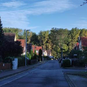 une rue résidentielle avec des maisons et des voitures sur la route dans l'établissement Gästehaus Familie Rinke, à Bad Harzburg