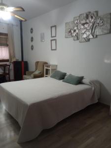 1 dormitorio con 1 cama grande y 2 almohadas verdes en SAN ISIDRO en Migueláñez