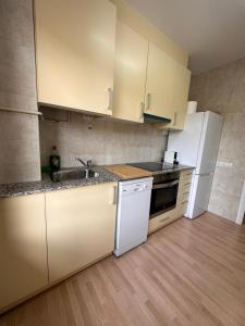 a small kitchen with white appliances and wooden floors at Ruta del ferro in Ripoll