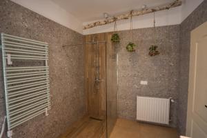 een badkamer met een douche en een glazen deur bij Csipesz_Vendégház in Sümeg