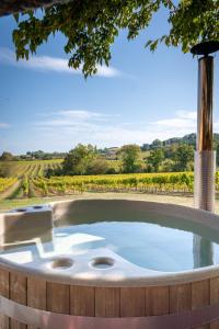 a hot tub with a view of a vineyard at Gîte Barn - Tirecul - 24 in Bergerac