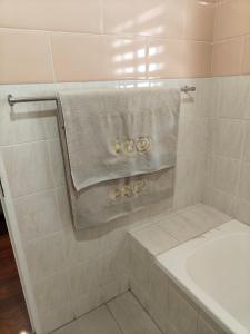 bagno con doccia, asciugamano e lavandino di Unit 89 Pendleberry Holiday Resort a Bela-Bela