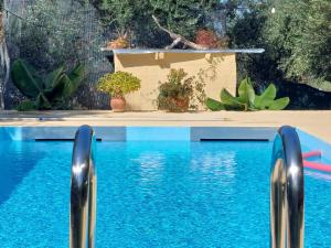 basen z niebieską wodą i roślinami w obiekcie Sofiana Traditional Villa with swimming pool w mieście Dhrapaniás