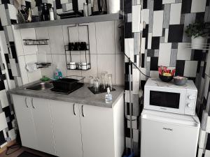 a kitchen with a sink and a microwave at elefant in Baia Mare