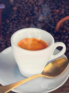 a cup of coffee on a plate with a spoon at Les AGRIATES in Besançon