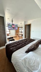 um quarto com uma cama grande e uma televisão de ecrã plano em Origenes Apartments em Puerto Natales