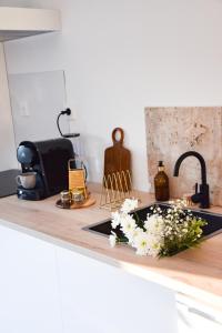 a kitchen counter with a sink with a vase of flowers at Maison au calme avec jacuzzi privatif in Cambrai