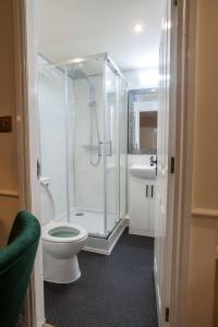a bathroom with a shower and a toilet and a sink at Shakespeare Inn in Kendal